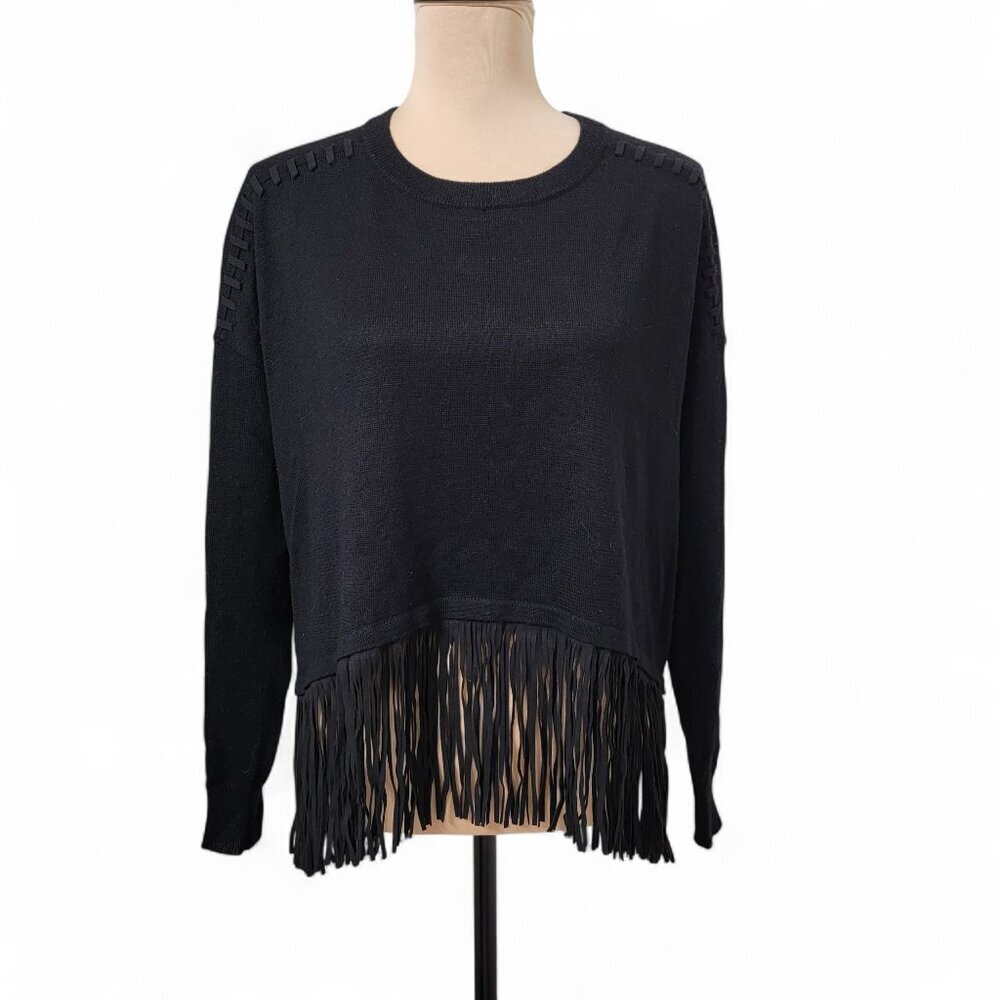5/48 Saks Fifth Avenue Size S Black Fringed Long Sleeve Sweater, Exc. Used Cond.